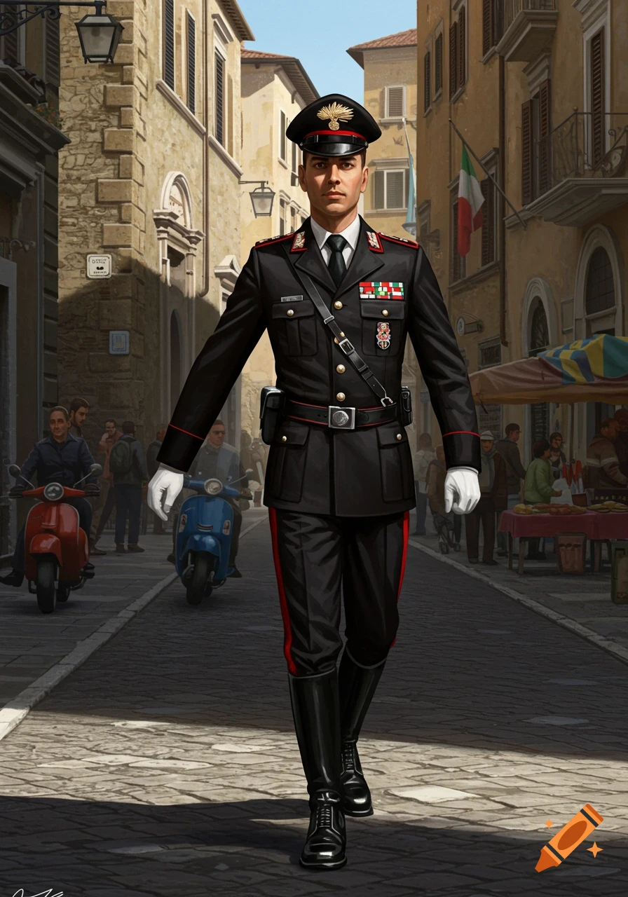 A Carabinieri officer in a black uniform with red stripes and white gloves walks down an old Italian street.