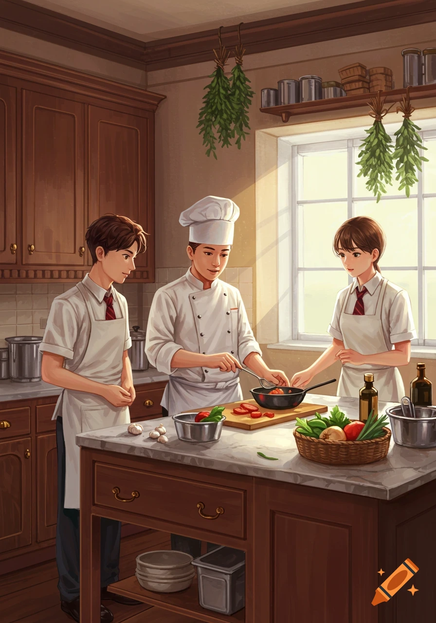 Three anime-style chefs, one adult and two apprentices, cook together in a sunlit kitchen with ingredients on a counter.