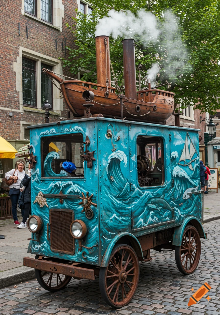 A turquoise antique truck with ocean murals, a wooden ship, and smoking smokestacks is parked on a cobblestone street.