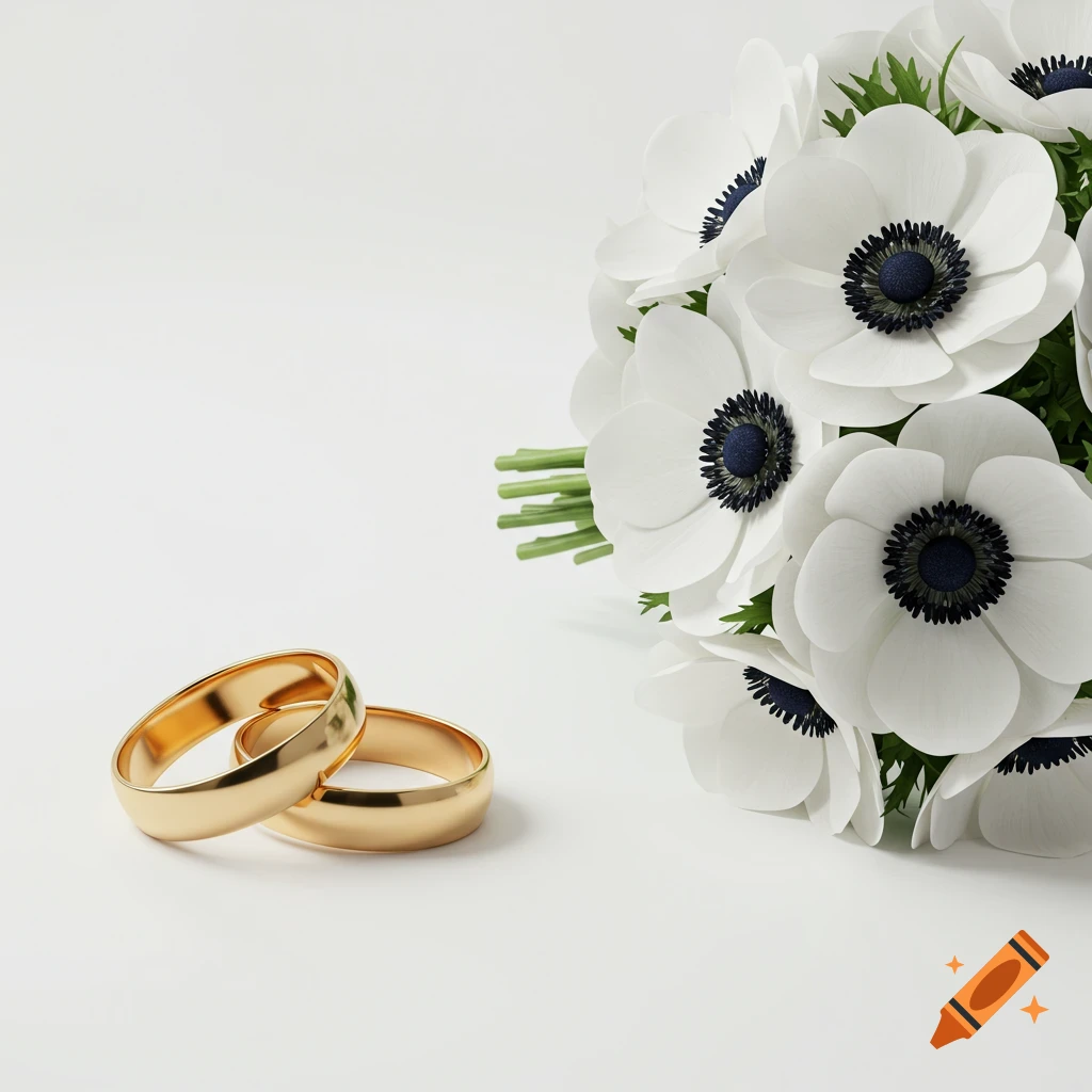 Two gold wedding rings rest next to a white anemone flower bouquet on a white background, photorealistic style.