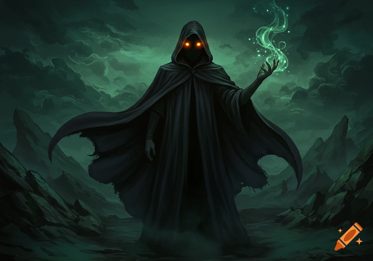 A dark cloaked figure with glowing orange eyes conjures green magic in a rocky, cloudy landscape.