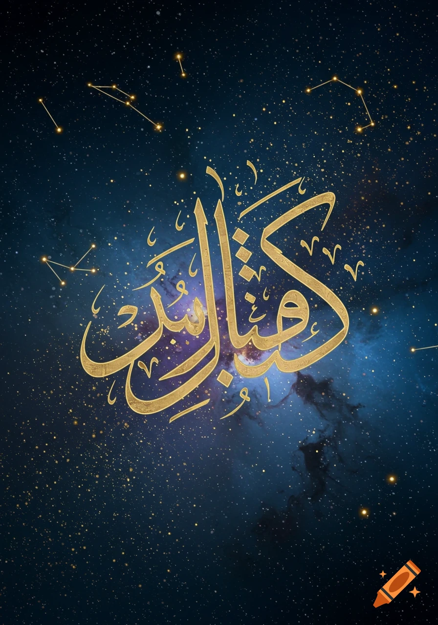 Golden Arabic calligraphy against a dark blue cosmic background filled with stars and nebulae.