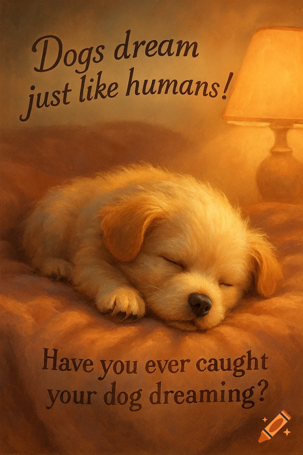 A golden puppy sleeping peacefully on a warm bed next to a glowing lamp. Text: 'Dogs dream just like humans! Have you ever caught your dog dreaming?'