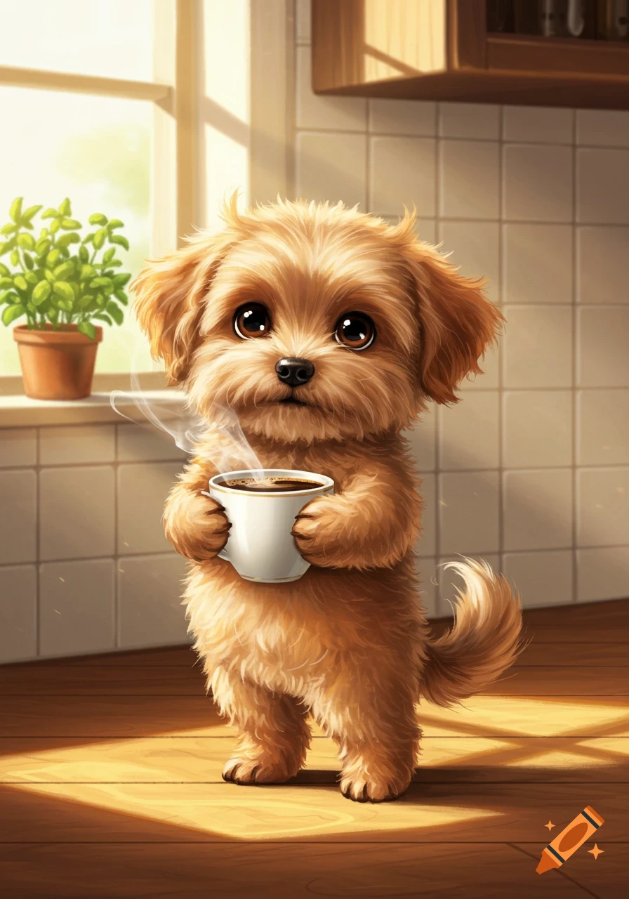 A fluffy brown puppy with big eyes holds a steaming coffee cup in a sunlit kitchen, in a cute cartoon style.