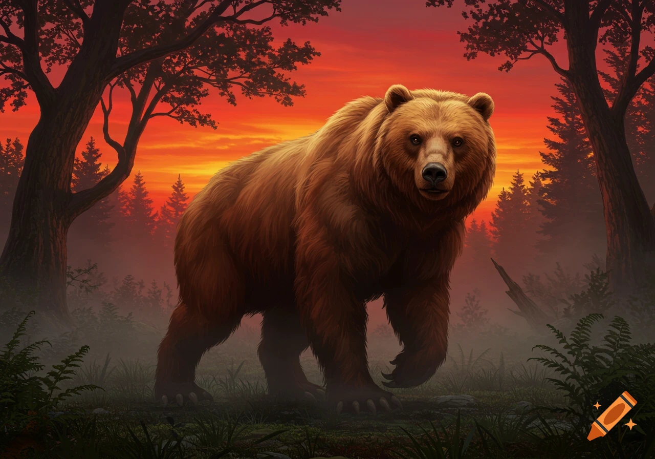 A detailed digital painting of a brown bear standing in a misty forest at sunset with an orange sky.