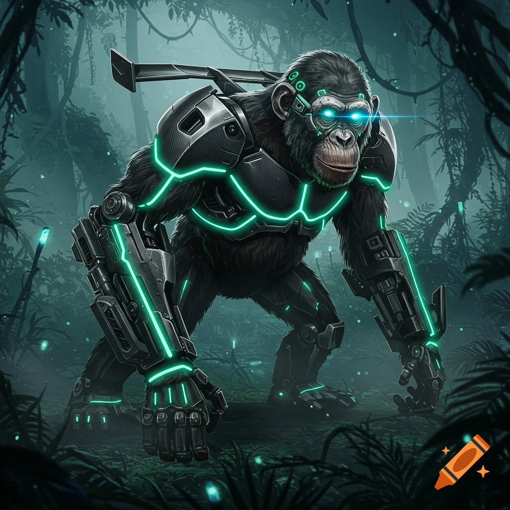 A powerful cyborg chimpanzee with glowing green armor and blue eyes stands in a dark, misty cyberpunk jungle.