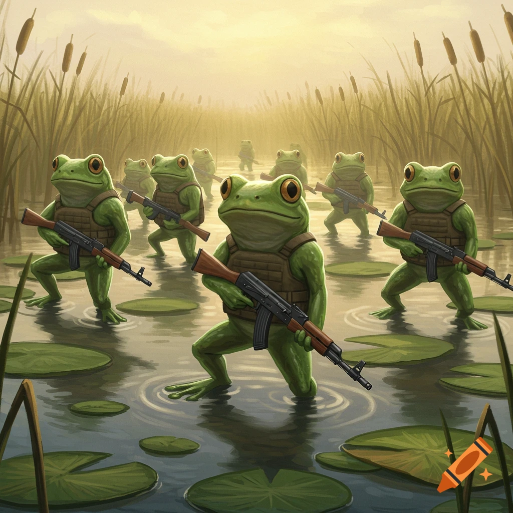 A stylized illustration of an army of green frogs wearing bulletproof vests and holding AK47s, standing in a marsh with lily pads and reeds.