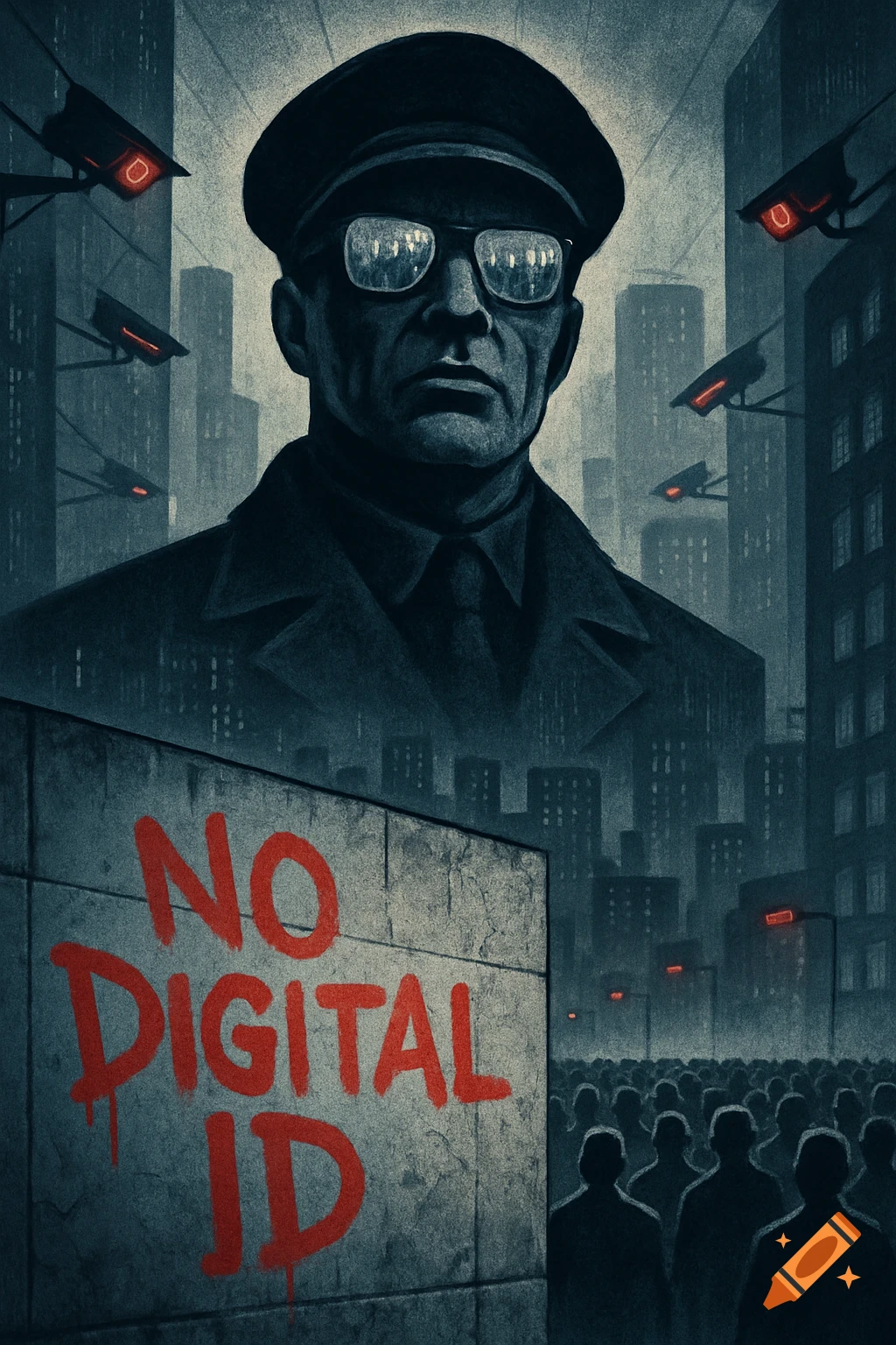 Dark illustration of a uniformed man in glasses observing a city with security cameras and a crowd, a wall in the foreground says 'NO DIGITAL ID'.