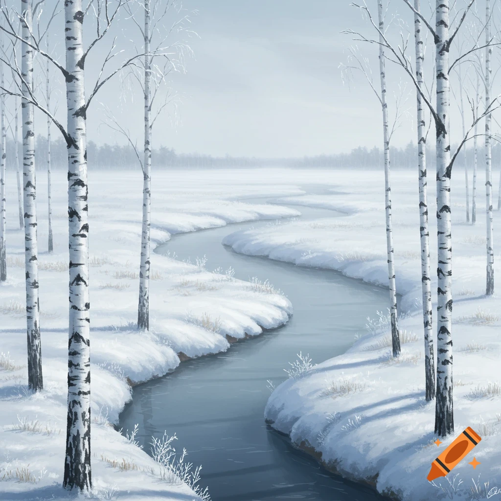 A winding river flows through a snowy landscape with white birch trees under a light gray sky.