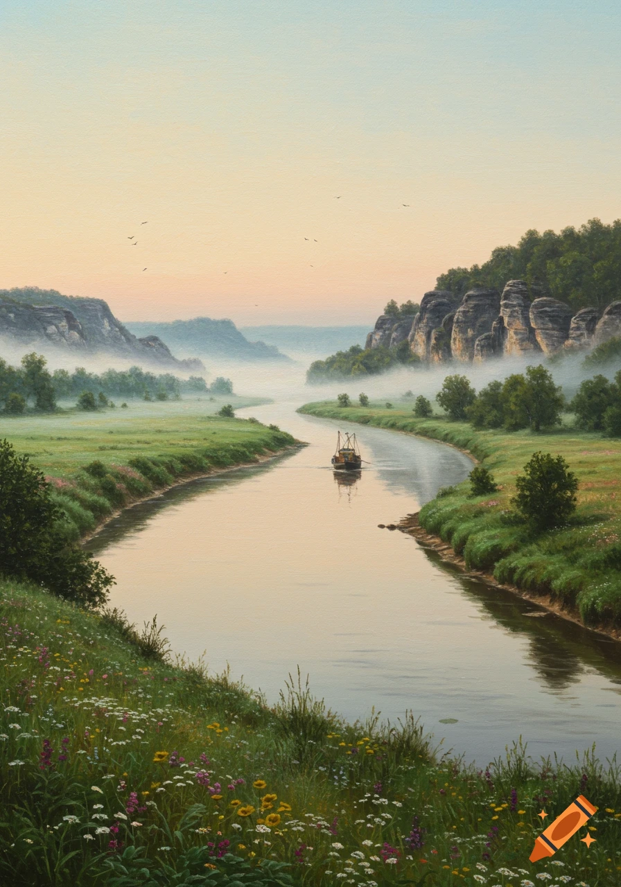 A painting of a misty river with a small boat, winding through green banks and rocky cliffs, under a pastel sky.