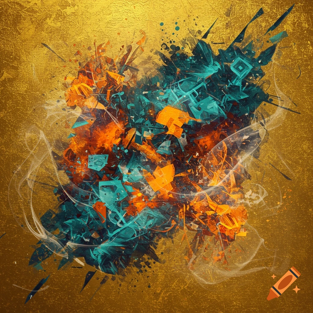 Abstract art featuring teal and orange fragmented shapes on a textured gold background with white wisps.