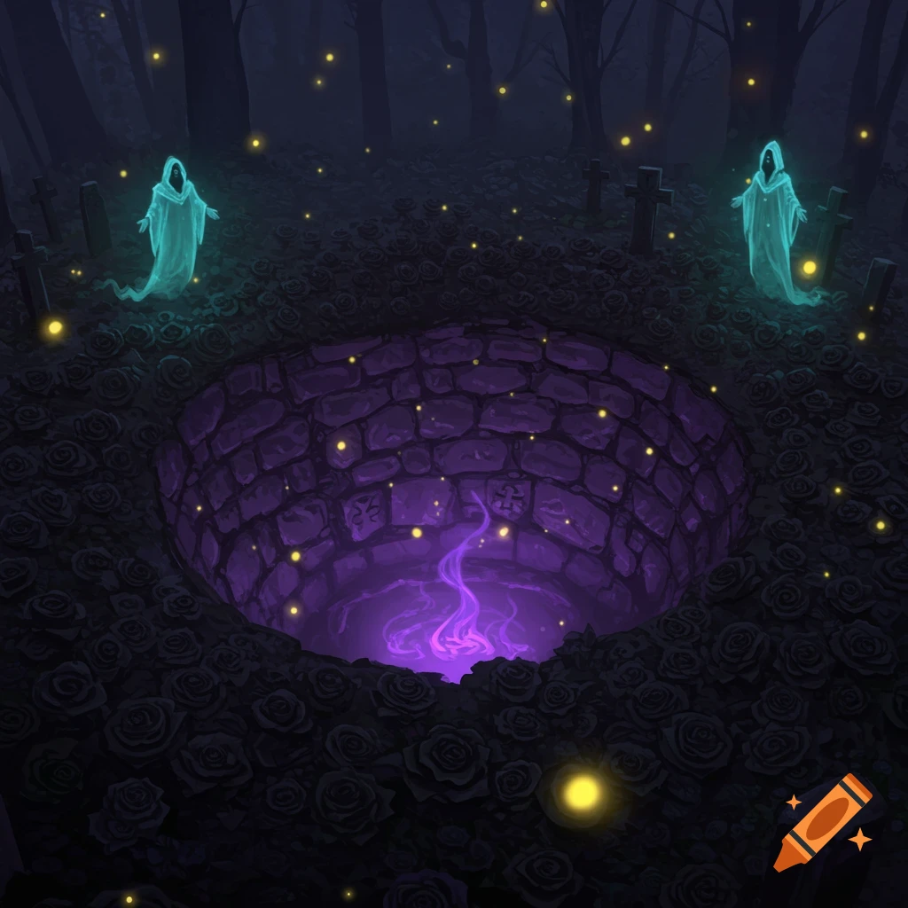 A dark fantasy illustration of a glowing purple pit surrounded by black roses and gravestones in a forest. Two teal ghost apparitions float as fireflies glow.