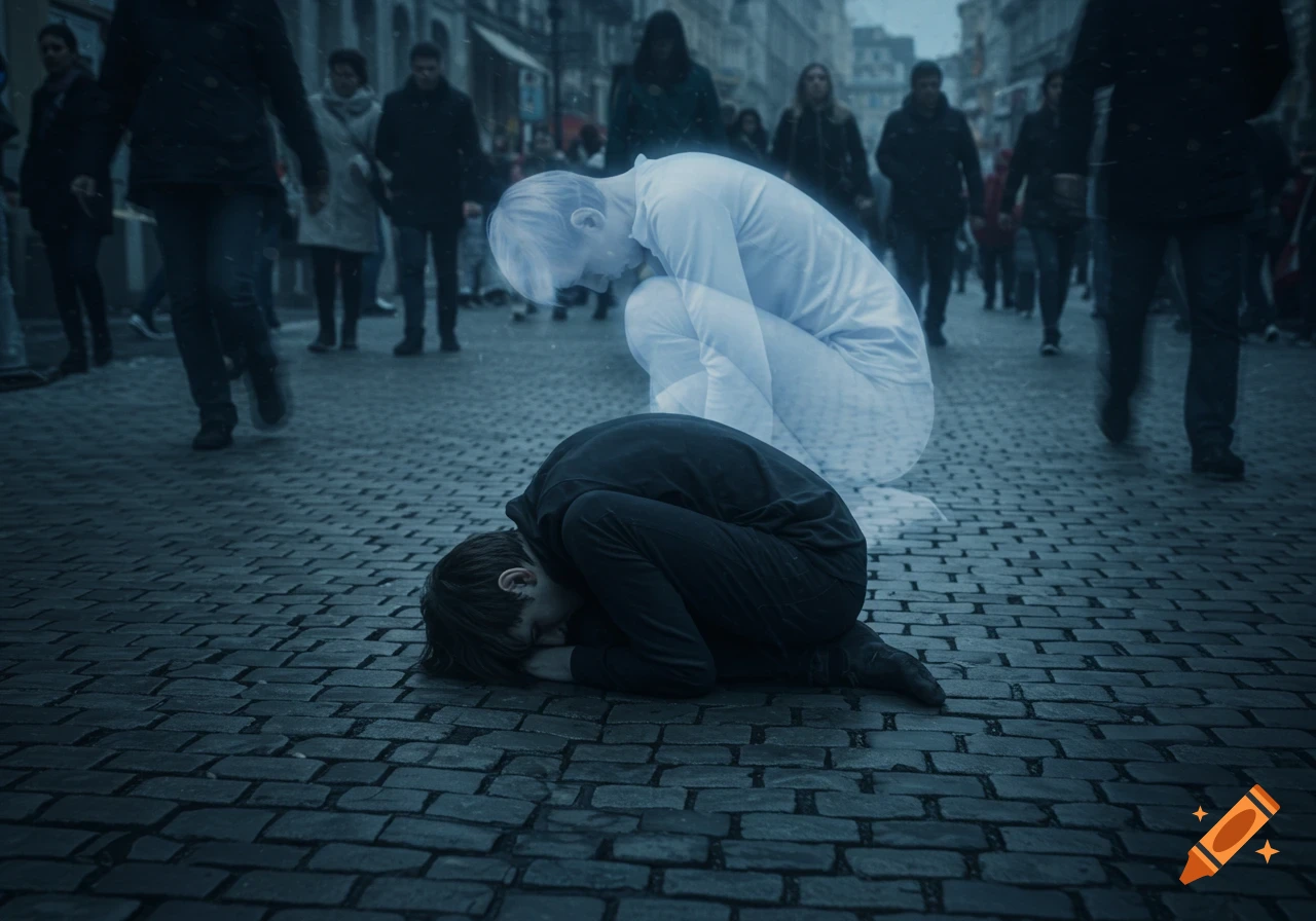 A distressed person lies curled on a cobblestone street, while a translucent, ghostly version of them hovers above, as blurred pedestrians walk by.