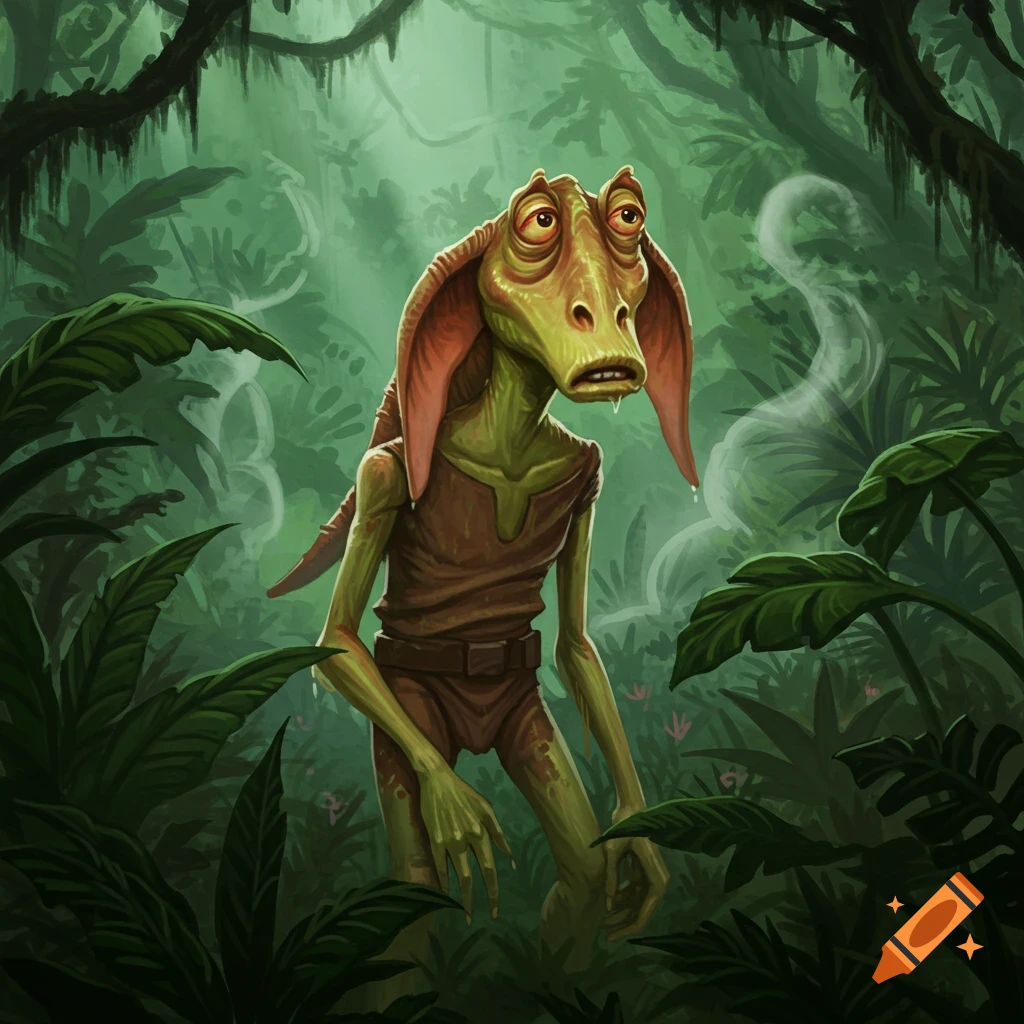 Illustration of a sickly, green Jar Jar Binks looking bewildered in a lush jungle.