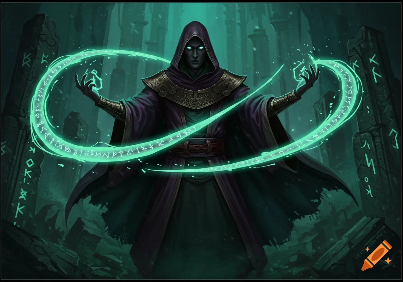 A robed wizard with glowing eyes casts a spell, surrounded by intricate ...