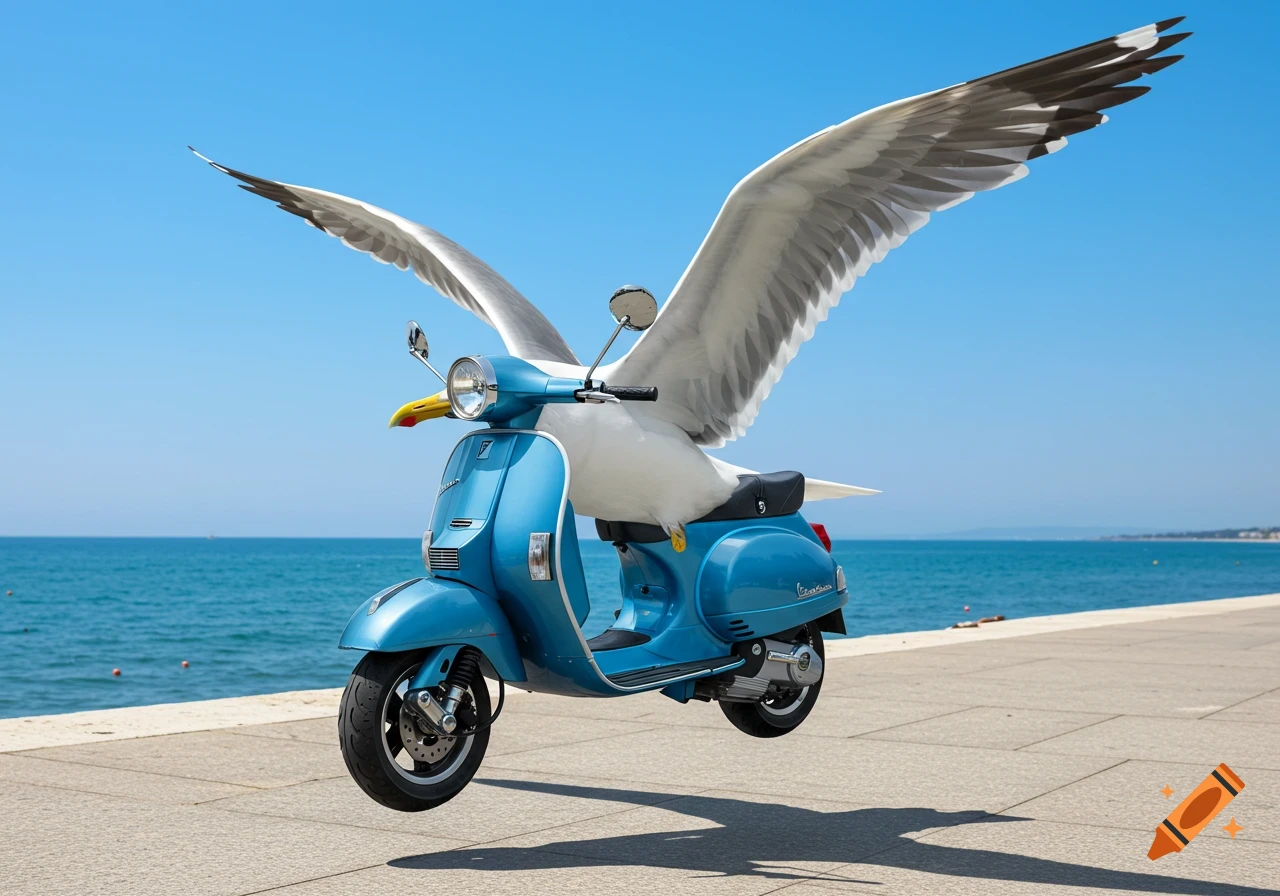 A photorealistic image of a seagull with its body fused into a blue Vespa scooter, flying above a coastal promenade on a sunny day.