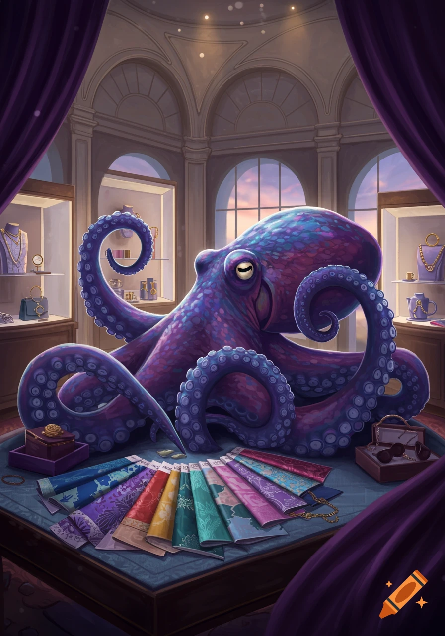A vibrant purple octopus sits in a luxurious jewelry store, surrounded by fabric swatches and sparkling displays.