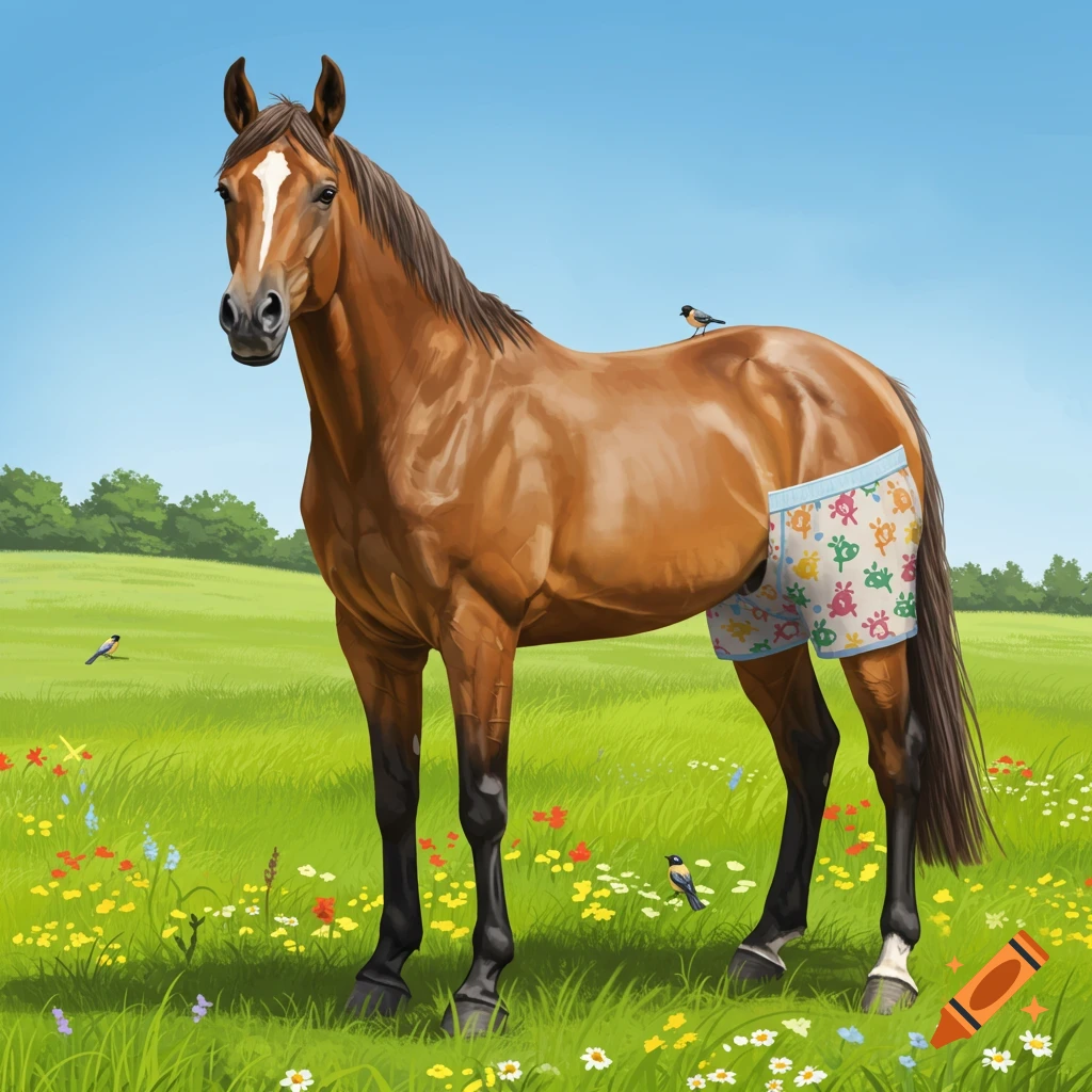 A brown horse wearing colorful patterned boxers stands in a green field with wildflowers under a clear blue sky, with small birds perched nearby.