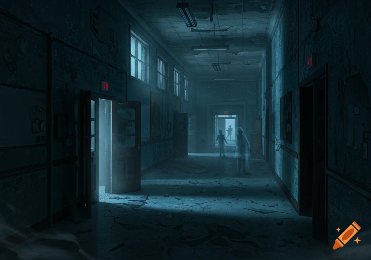 A long, dark, decaying school hallway with debris. Ghostly figures and red 'EXIT' signs are visible, creating a spooky atmosphere.