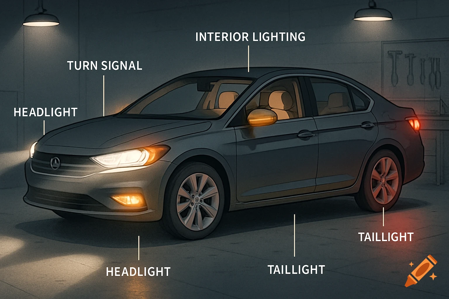 An illustration of a gray car with its headlights, turn signal, interior lighting, and taillights clearly labeled.