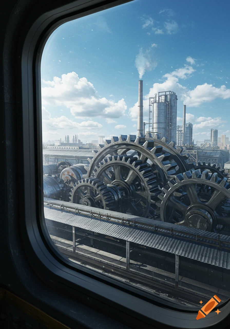 Photorealistic view from a train window of a modern industrial factory with large gears and smokestacks under a cloudy blue sky.