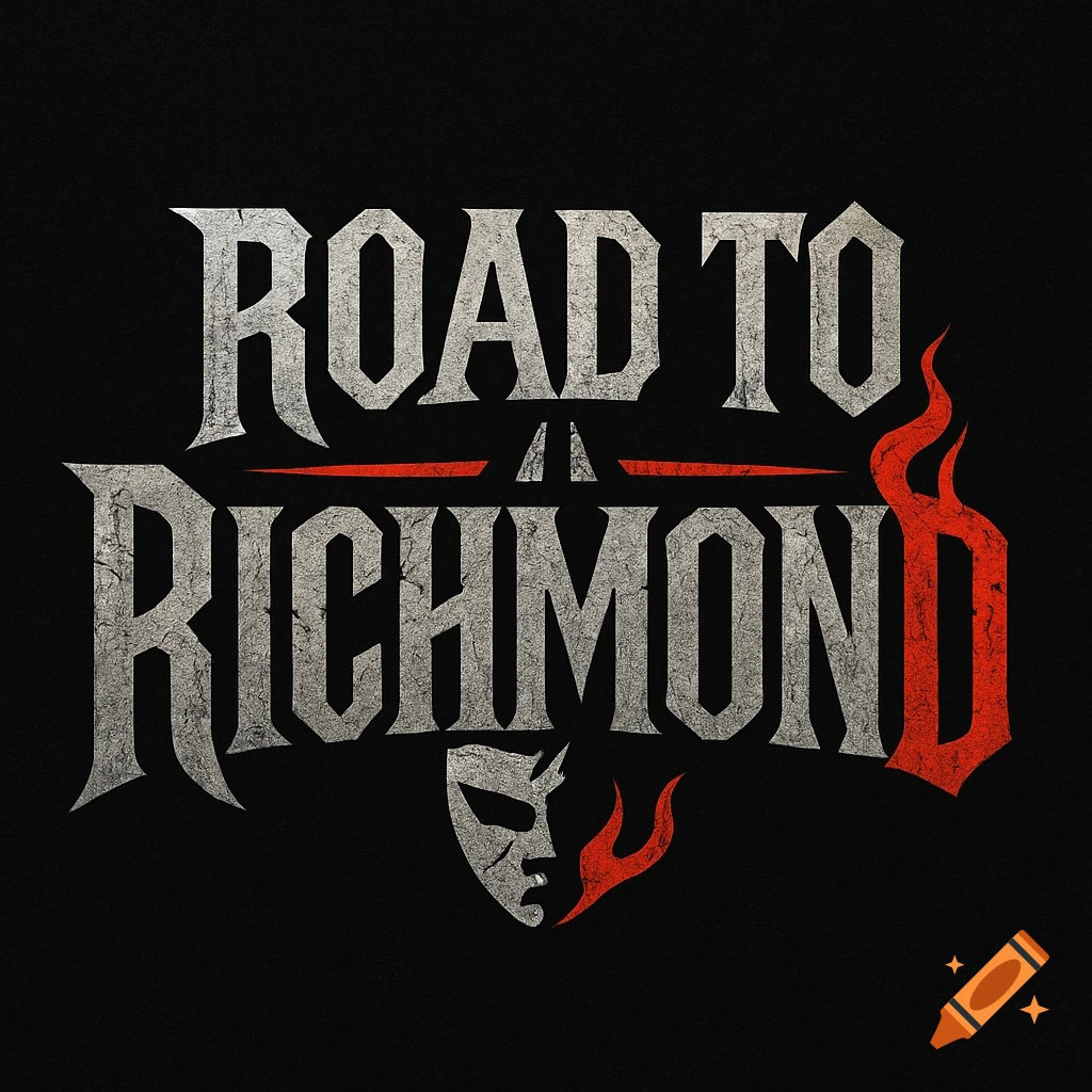 Band logo for "Road To Richmond" in distressed gothic text with red flames and a cracked mask on a black background.