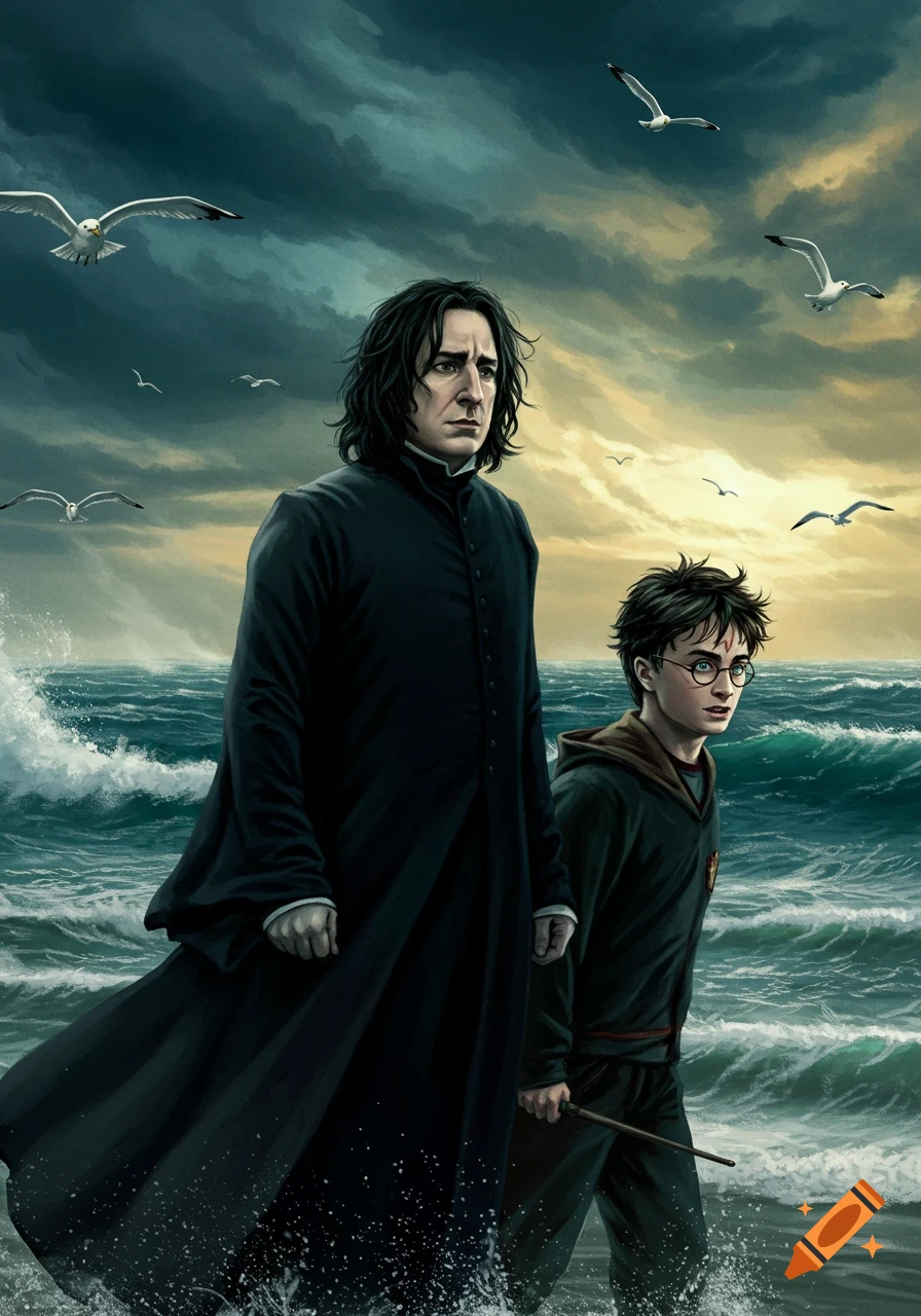Severus Snape and Harry Potter stand in turbulent sea water under a  dramatic, cloudy sky with seagulls in a stylized illustration. on Craiyon, image size:896x1280