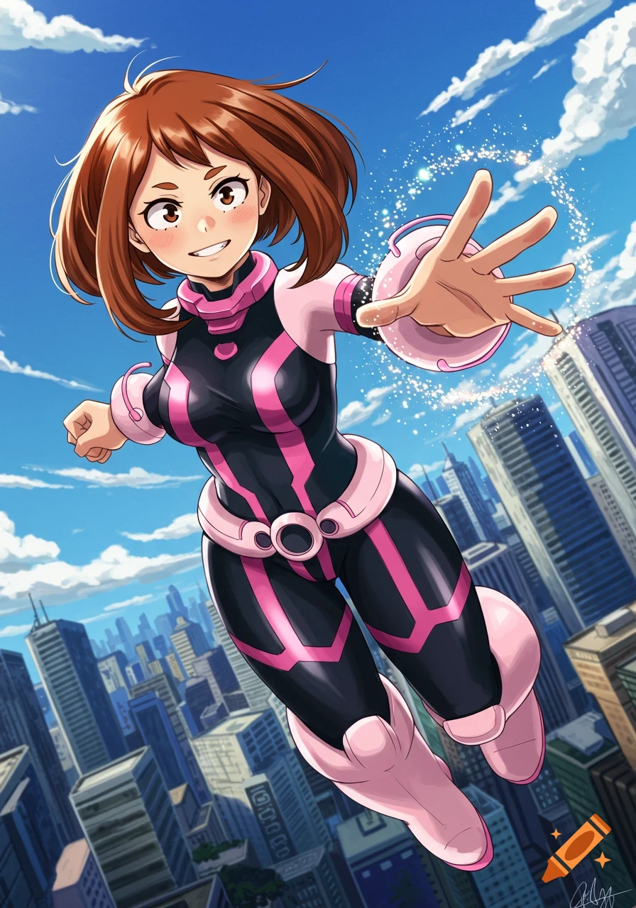 Anime girl Ochako Uraraka in a pink and black hero suit smiles while flying over a city.