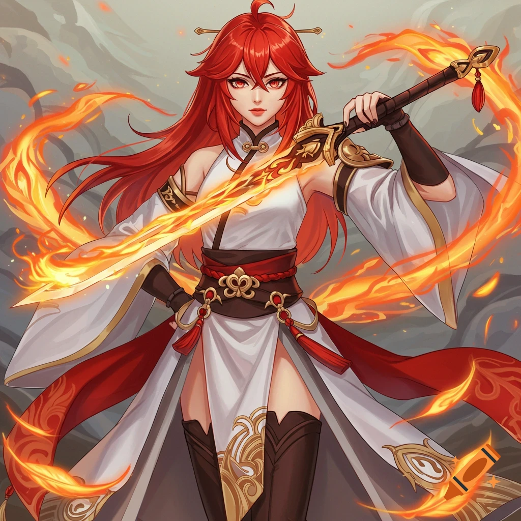 Anime-style woman with long red hair, wearing a white and red Chinese-inspired outfit, holding a flaming sword.