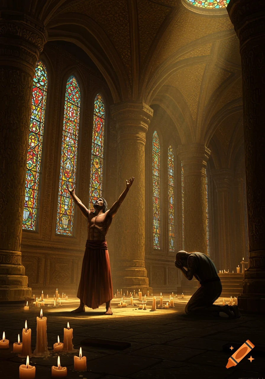 Two men pray in a grand, candlelit temple with vibrant stained glass windows, one with arms raised, the other kneeling.