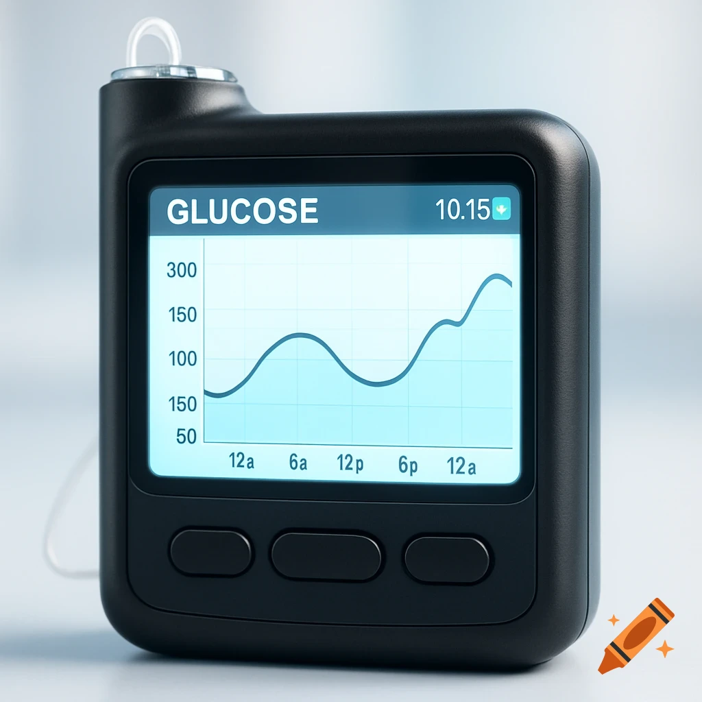 A close-up of a black insulin pump with a bright screen displaying a blue line graph of glucose levels.