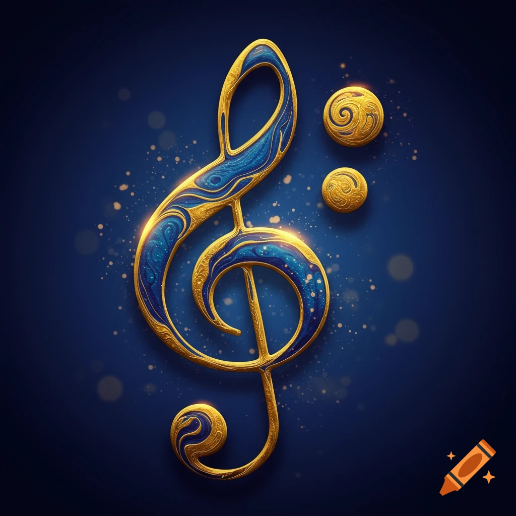 A decorative shimmering gold treble clef with blue marbled texture and two matching notes on a dark blue background with glitter.
