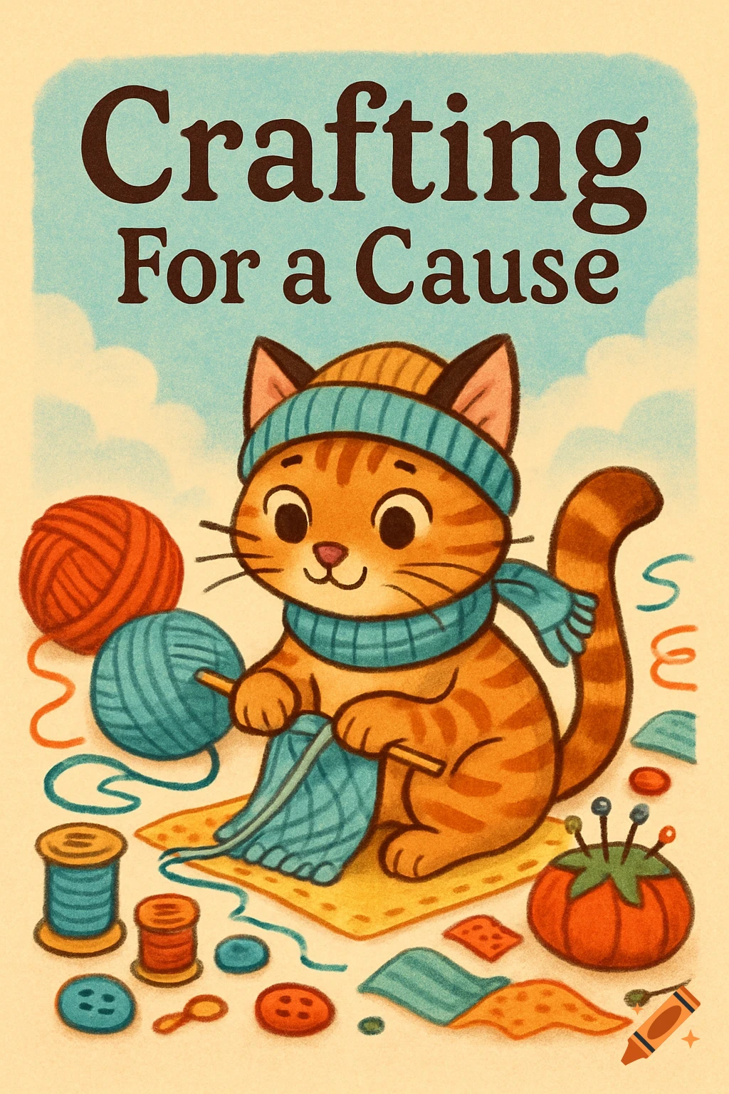 A cute cartoon cat wearing a hat and scarf knits with yarn and other crafting supplies, with the text 'Crafting For a Cause' above.