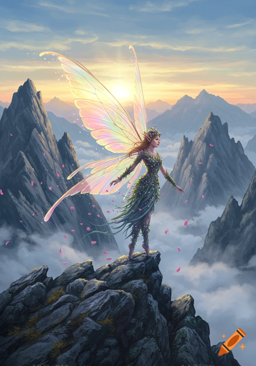 A fairy with iridescent wings and a leaf dress stands on a mountain peak surrounded by clouds, with a sunset backdrop.