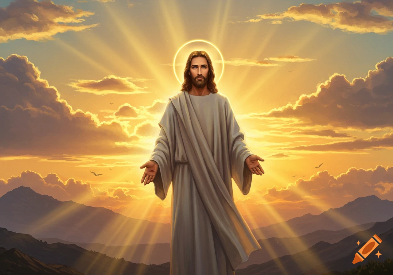 Jesus Christ stands with outstretched hands, a halo around his head, against a radiant orange sunset sky with clouds and mountains.