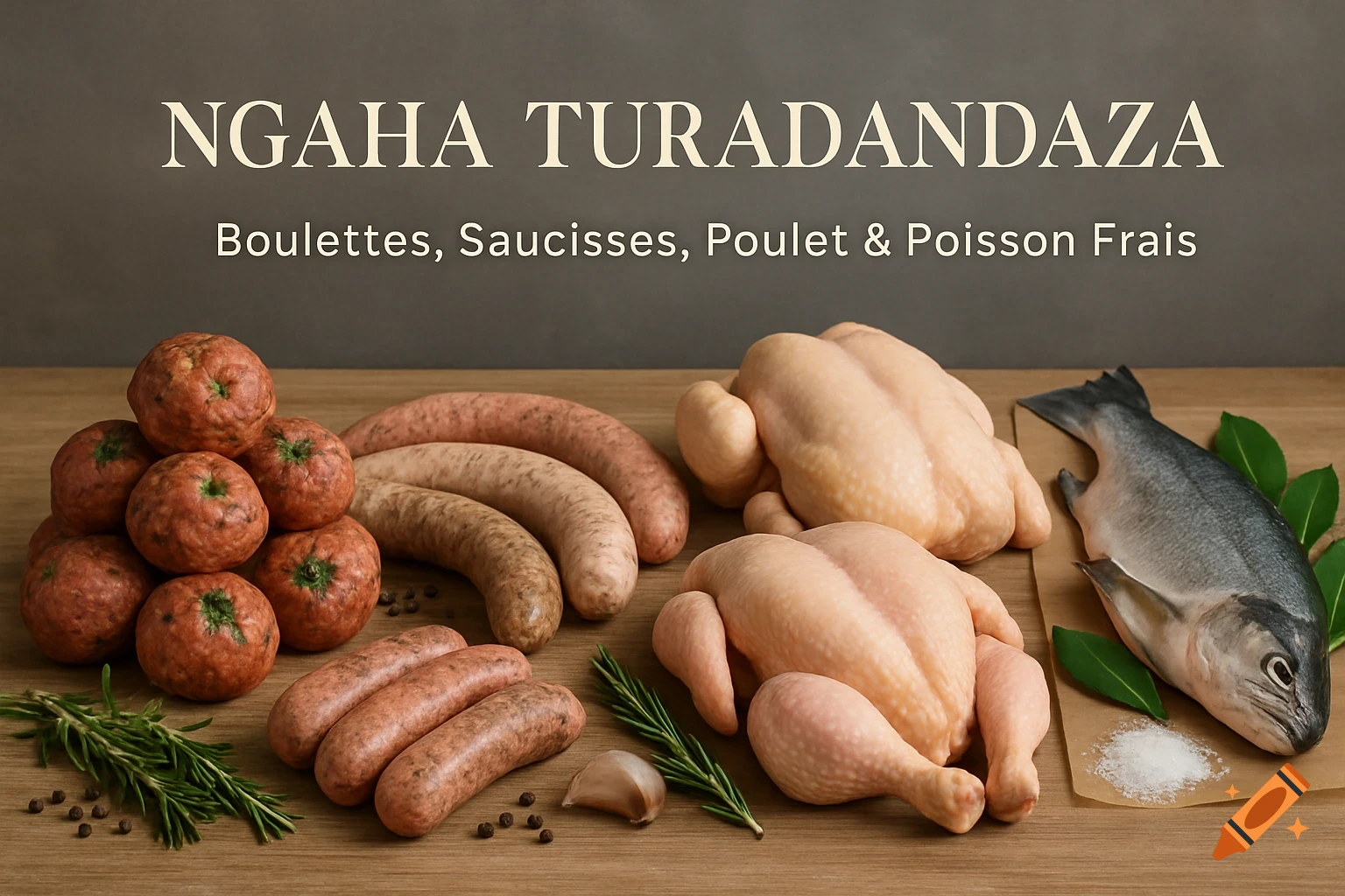 Photorealistic image of raw meatballs, sausages, whole chickens, and a fish displayed on a wooden surface with herbs and spices.