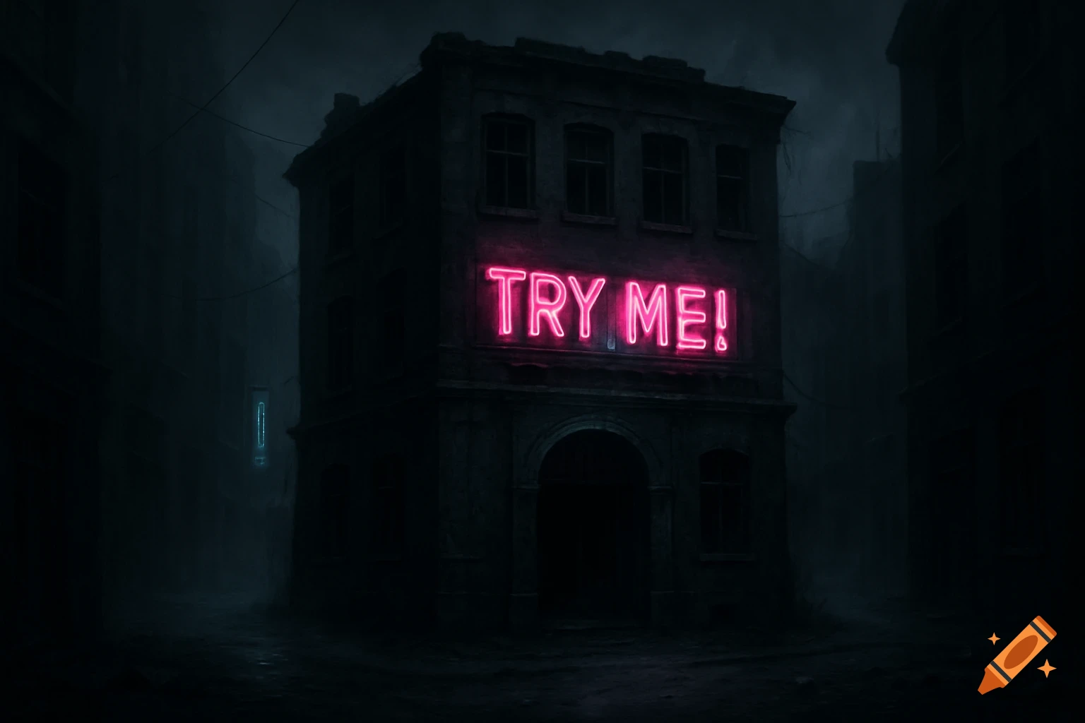 An abandoned building with a glowing pink neon sign that says 'TRY ME!' on a dark, foggy street.