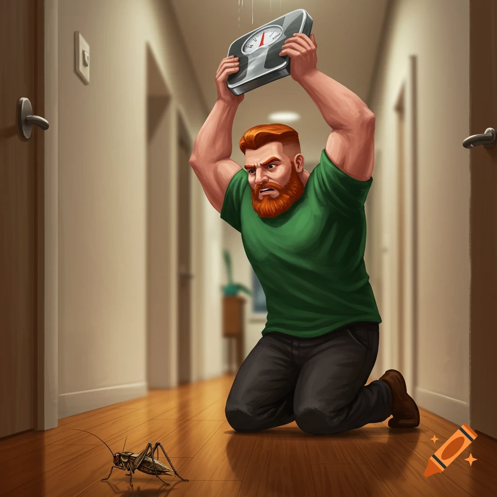 A red-bearded man kneels in a hallway, raising a bathroom scale above his head to smash a cricket on the wooden floor. Illustration.