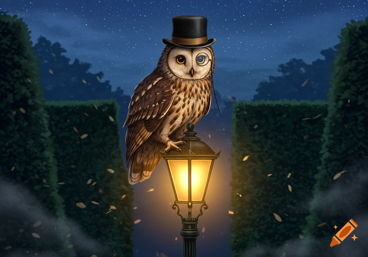 An illustrated owl wearing a top hat and monocle sits on a glowing lamppost at night amidst hedges and falling leaves.