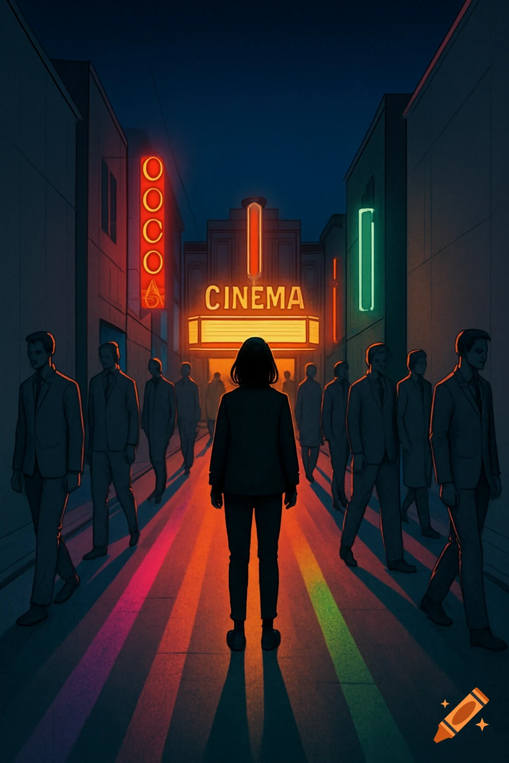A person stands at the end of a street, facing a brightly lit vintage cinema. Colorful neon light rays extend from the cinema and other signs, illuminating the dark street where shadowy figures walk by.