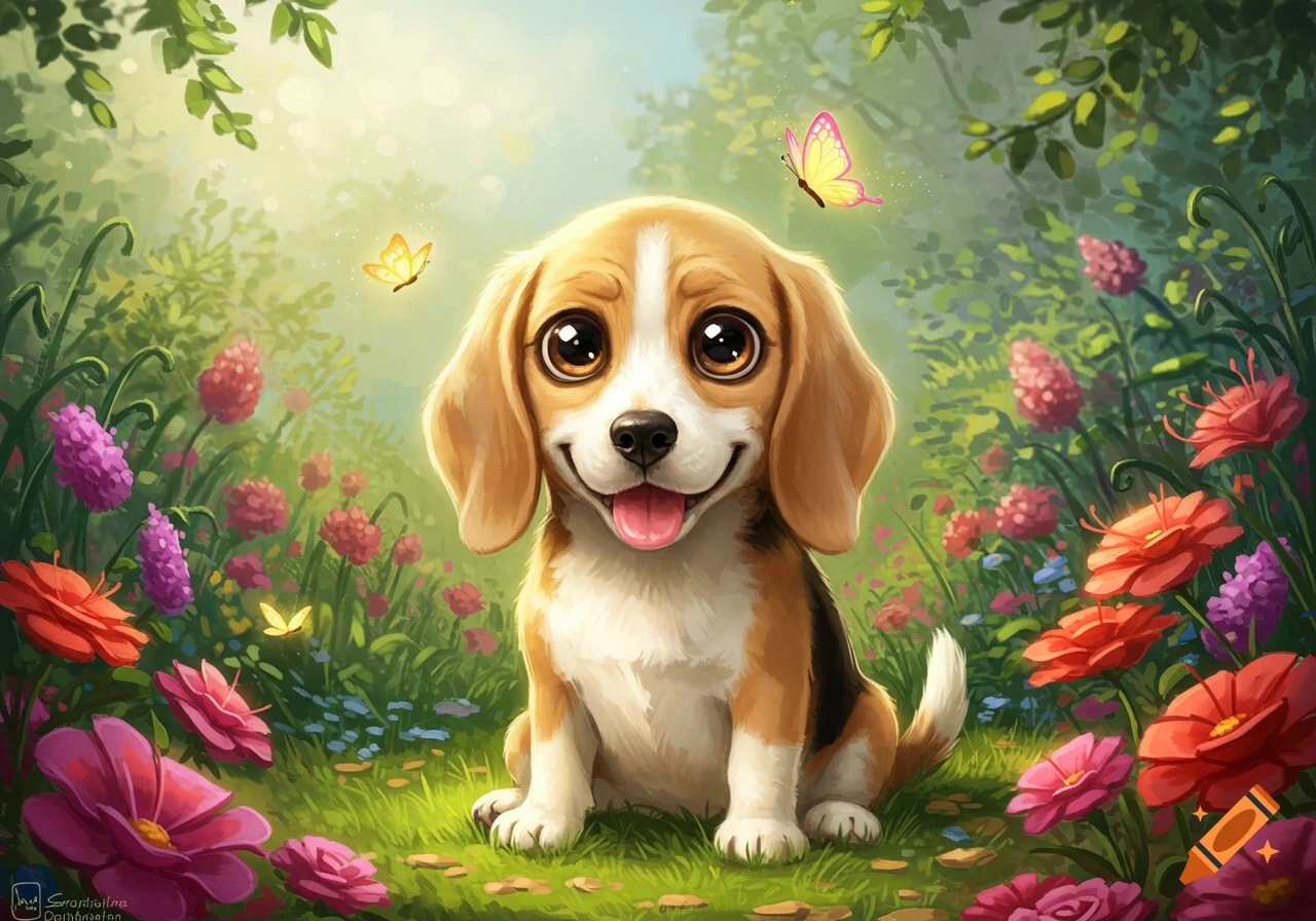 A happy, big-eyed cartoon beagle puppy sits in a vibrant, sunlit meadow filled with colorful flowers and butterflies, in a Disney animation style.