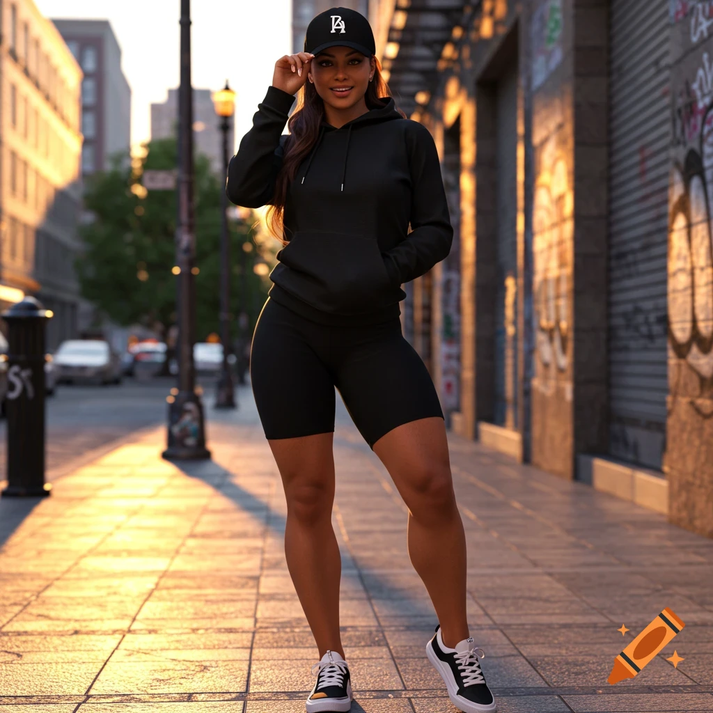 A woman in black hoodie, biker shorts, sneakers, and a cap stands on a sunlit urban sidewalk.
