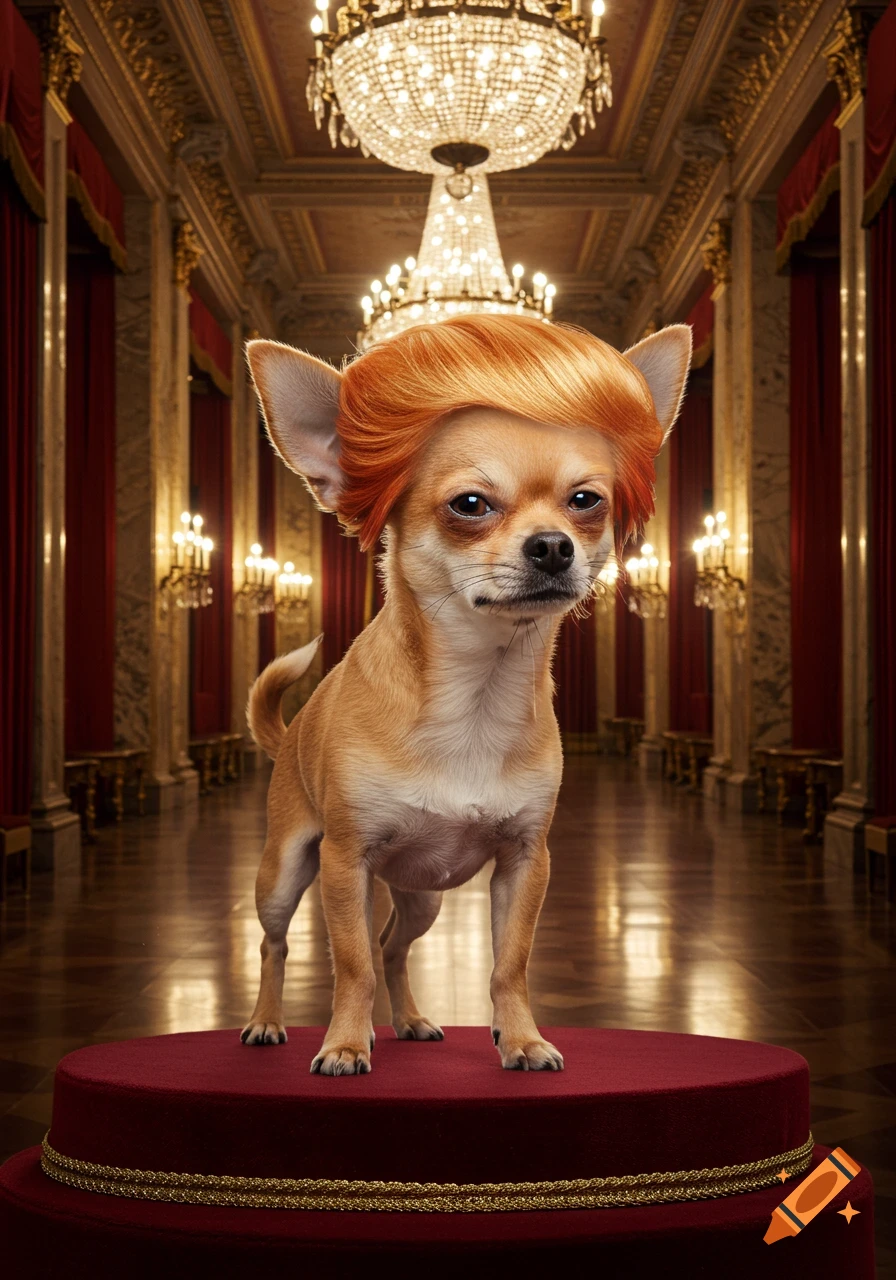 A photorealistic chihuahua wearing a prominent orange wig, standing on a red podium in a grand, ornate hall.