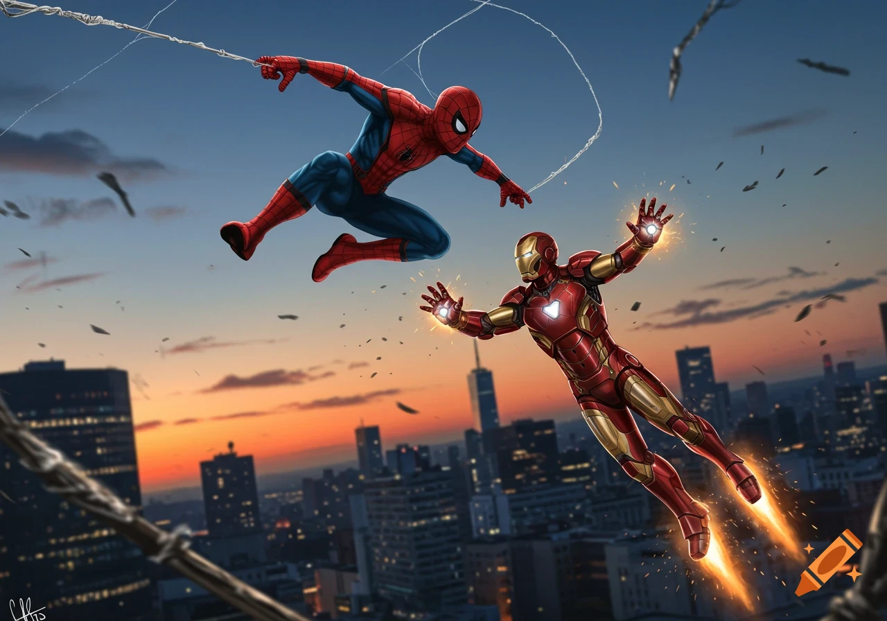 Illustrated Spider-Man swinging and Iron Man flying above a city skyline at sunset.
