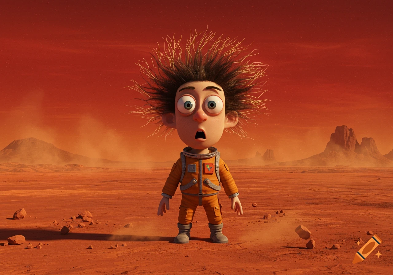 A wide-eyed cartoon character in an orange spacesuit with static-filled hair stands on the red, dusty surface of Mars.