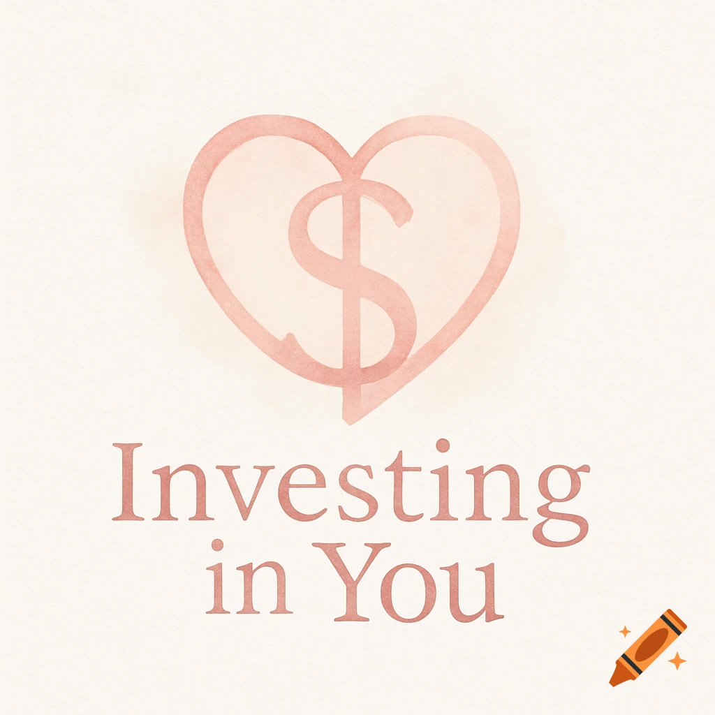 Pink watercolor heart logo with a dollar sign inside, above the text 'Investing in You' on a light background.