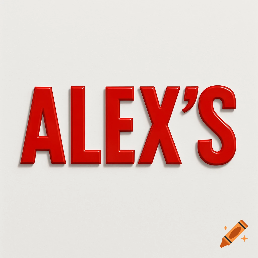 The word ALEX'S in bold red block capitals with a slight 3D effect, casting a subtle shadow on a plain white background.