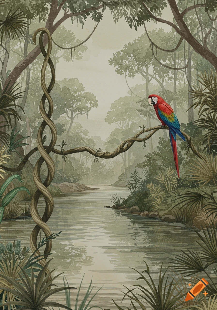 Watercolor illustration of a jungle with a colorful macaw perched on a branch over a winding river and lush green foliage.