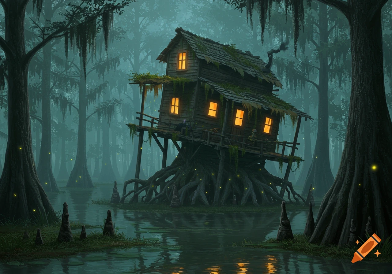 An eerie hut on tangled roots in a dark, misty swamp with tall trees and glowing fireflies.