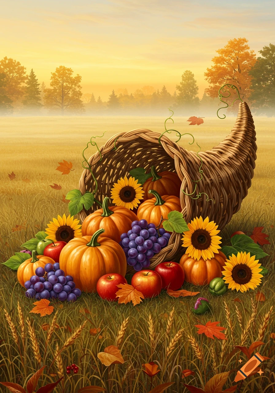 A vibrant cornucopia overflows with pumpkins, red apples, purple grapes, and sunflowers in an autumn field at sunrise, digital painting.